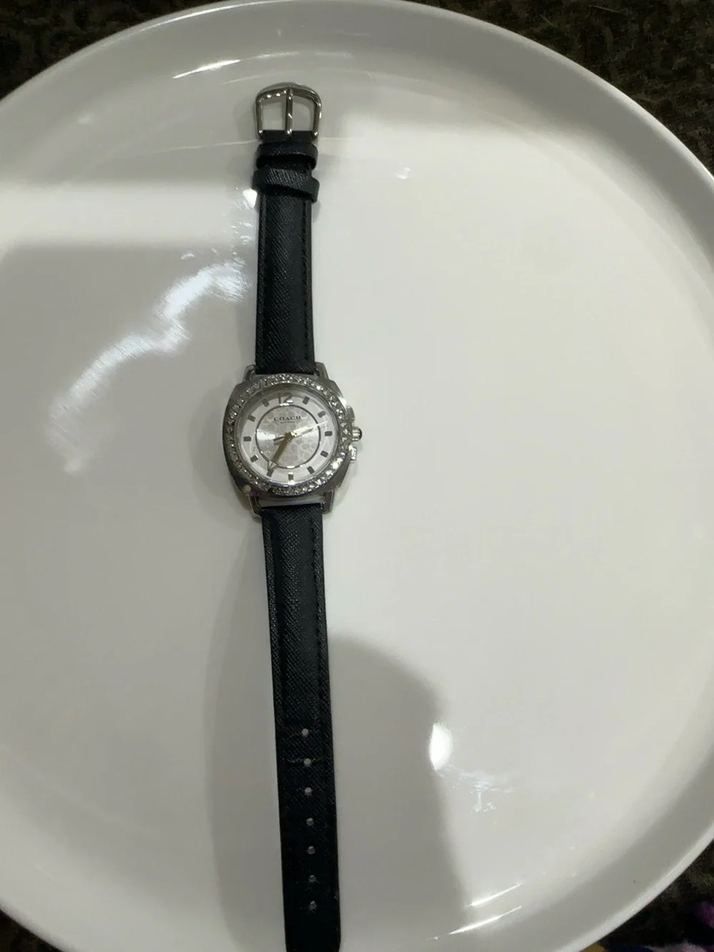 Coach Silver Crystal Dial Black Leather Strap Watch